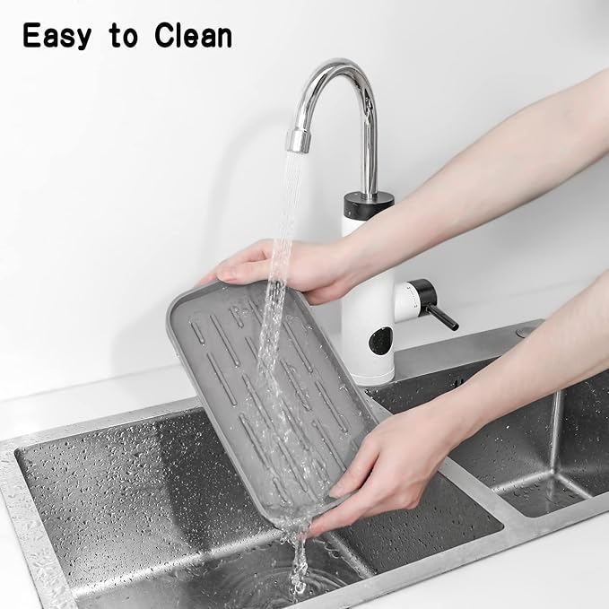 MicoYang Silicone Kitchen Sink Organizer Tray for Multiple Usage,Eco-Friendly Sponges Holder for Kitchen Bathroom Counter or Sink,Dish Soap Dispenser,Scrubber,Bottle,Cup (Grey, 10"×5.3")