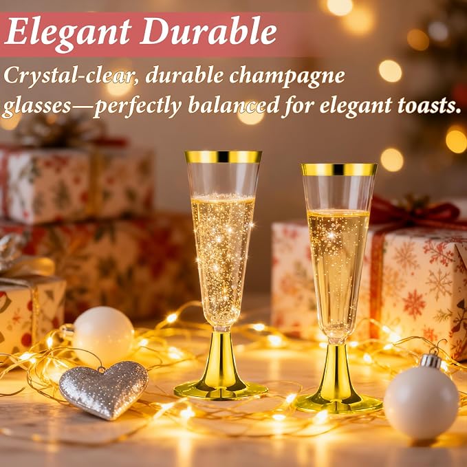 GuanQiao 100 Pack Plastic Champagne Flutes with Gold Rim Gold Bottom, 5.5 Oz Clear Disposable Plastic Champagne Glasses, Wine Glasses Cups for Wedding Celebration New Years Eve Party Supplies
