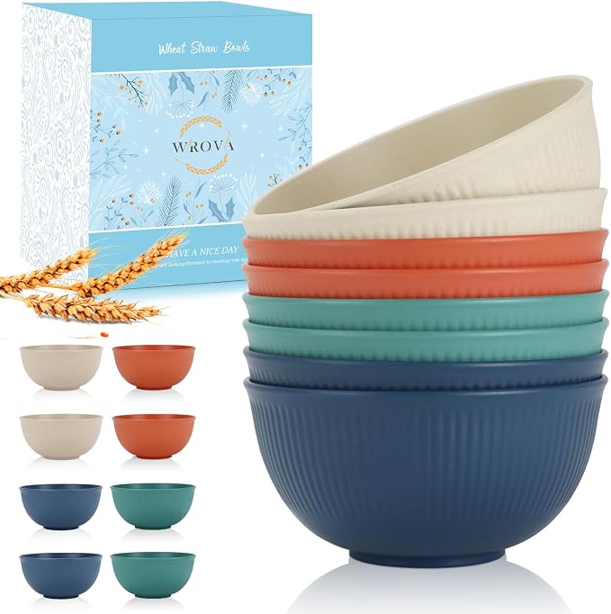 Wheat Straw Bowls Set of 8, Microwave Safe Bowls for Kitchen 26 OZ | Alternative Plastic Bowls Reusable, Unbreakable Cereal Bowl Dishwasher Safe for Camping,Apartment,Dorm,RV,Party, Colorful