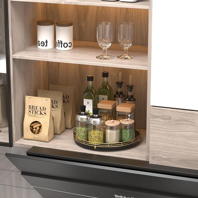 Oroyutor 12-Inch Oak Lazy Susan Spice Organizer with Gold Metal Rail | Rotating oak tray organizes spices, toiletries and decor on kitchen counters, bathroom vanities, dining and coffee tables.