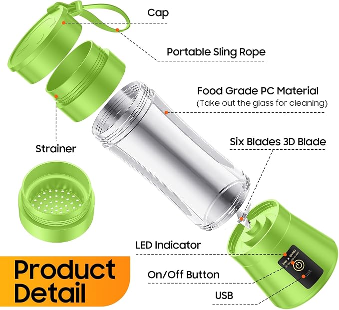 Personal Size Portable Blender Make Smoothies - Mini Blender 12oz Juice Cup | Powerful Blending with 6 Stainless Steel Blades, BAP-Free, Lightweight, Easy Clean,Suit in Travel/Office/Gym/Picnic/ Sports