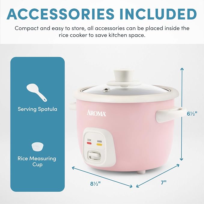 AROMA® Mini Rice Cooker, 2-Cup (Uncooked) / 4-Cup (Cooked), Grain Cooker, Soup Maker, Oatmeal Cooker, Auto Keep Warm, 1 Qt, Pink, ARC-302NGP