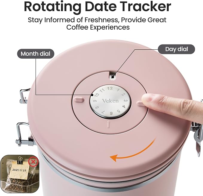 Veken Coffee Canister,39OZ, 2.2lbs,Large Airtight Stainless Steel Container | Date Tracker, Kitchen Food Storage Jars for Beans, Ground, Espresso, Rice,Tea, Sugar, Cereal, Cookie,Gifts, Lids, Scoop, Pink
