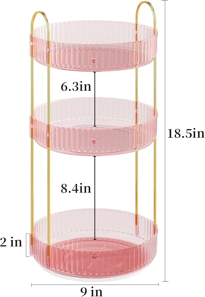 Rotating Makeup Organizer Countertop, Skincare Organizers | Spinning Perfume Tray Stand, Makeup Storage Organizer for Vanity, Bathroom Organizer and Storage, Lazy Susan, 3 Tier, Pink