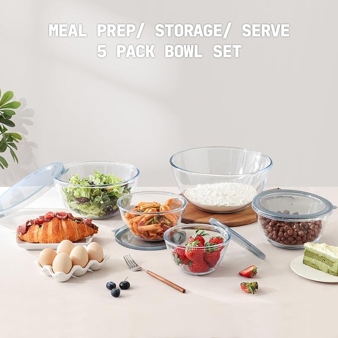 Cuiselect 5pc Glass Mixing Bowls with Lids Set (4.65QT, 2.80QT, 1.64QT, 1.16QT, 0.85QT), Nesting Salad Bowl, Large Glass Mixing Bowl for Cooking, Baking, Prepping-Dishwasher Microwave Freezer Safe