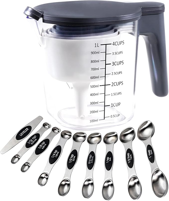 19-Pc Magnetic Measuring Cups and Spoons Set, with Lid, Black | Includes 1 cover, 9 stackable cups set & 9 magnetic spoons, BPA-free & dishwasher safe, for liquid and dry baking gadgets