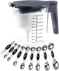 19-Pc Magnetic Measuring Cups and Spoons Set, with Lid, Black | Includes 1 cover, 9 stackable cups set & 9 magnetic spoons, BPA-free & dishwasher safe, for liquid and dry baking gadgets