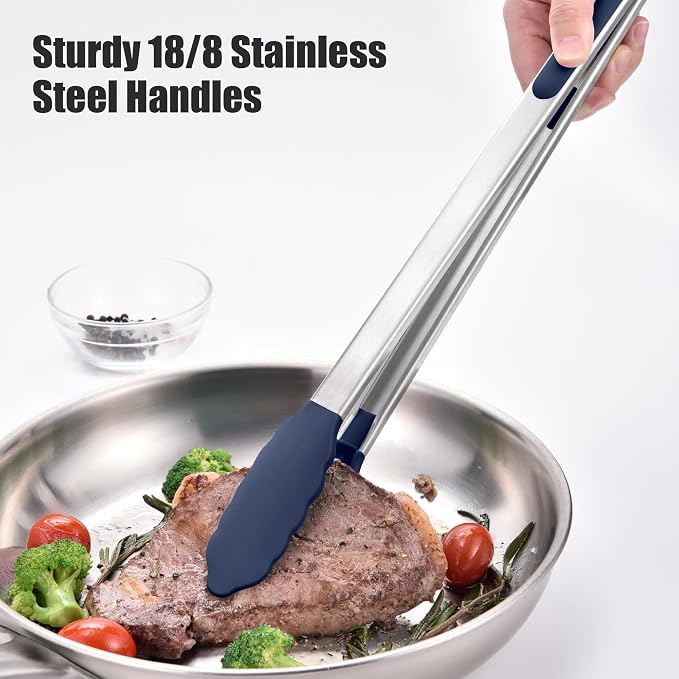 Doosu Kitchen Tongs with Silicone Tips for Cooking Serving (16in, Navy) | 600°F Heat Resistant Food Tong, Heavy Duty Stainless Steel Locking Tong for BBQ, Grilling Steak, Salad, Toast, Pasta