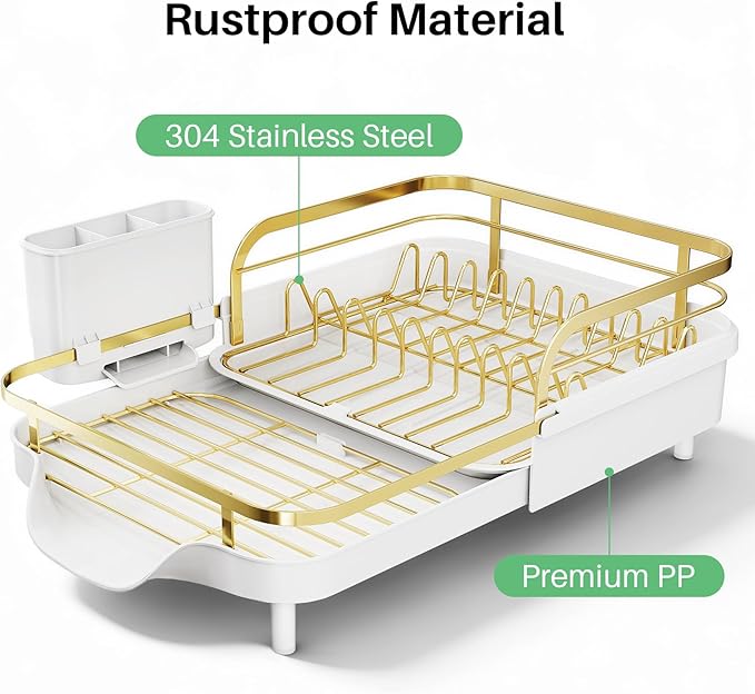 SNTD Expandable Dish Drying Rack for Kitchen Counter, 15.2-22.1 in, Gold | Rust-Resistant Stainless Steel, Protective Side Rails, Self-Draining Drainboard, Removable Utensil Holder