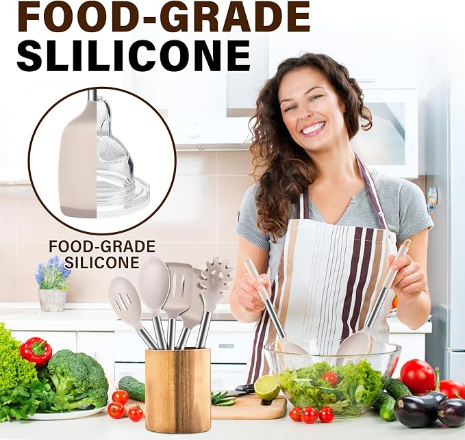 5Pcs Silicone Cooking Utensils Set, Heat Resistant Kitchen Tools Include Solid&Slotted Spatula, Cooking Spoon and Pasta Server, Silicone Kitchen Utensils set for Nonstick Cookware Flipping, Khaki