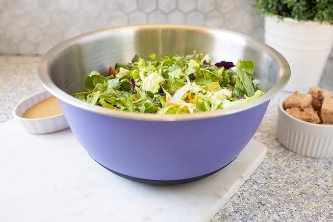 Fox Run Stainless Steel Mixing Bowl, 6.25 Quart Purple Mixing Bowl | Non-Skid Base For Easy Mixing | Cute Purple Design | Double Wall Stainless Steel Mixing Bowl For Temperature Retention