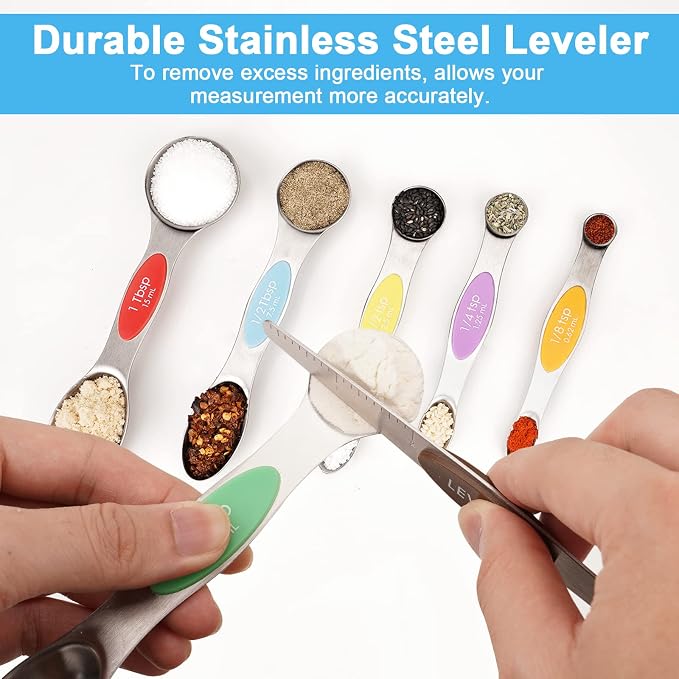 Aovchei 7 PCS MultiColor Magnetic Measuring Spoons Set | Dual Sided, Stainless Steel Small Tablespoon, Teaspoons, Fits in Spice Jars, for Dry and Liquid,