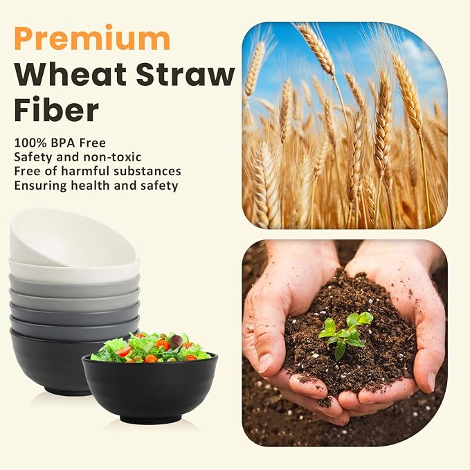Salad Bowl Wheat Straw Bowls 60 OZ Bowls for Kitchen,Large Bowls for Camping,Travel,Party, Unbreakable Bowls Set of 8,Microwave and Dishwasher Safe Dishes for Cereal,Ramen,Soup-Grey Stone