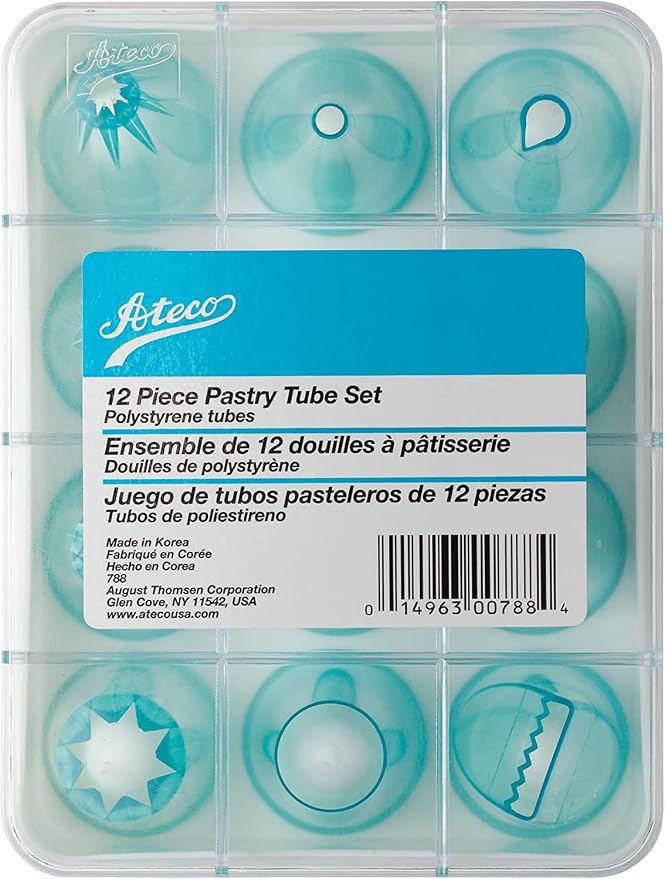 Ateco - 12 Piece Cake Decorating Tube Set, High Impact Plastic Tubes in Storage Box,Silver