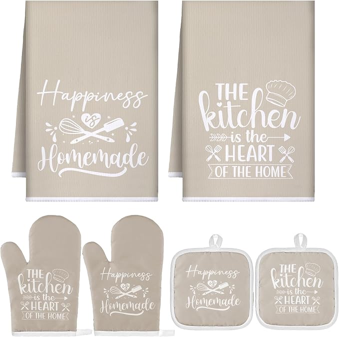 Sratte 6 Pcs Kitchen Decor Accessories Set, Kitchen, Beige | Farmhouse Kitchen Towels Pot Holders Oven Mitts Set 2 Dish Towels 2 Potholders 2 Cooking Mittens for Baking Cooking Supply