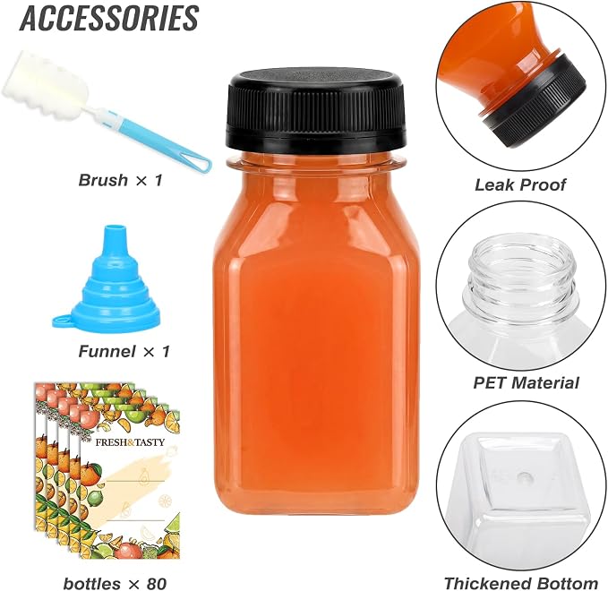 80pcs 4oz Plastic Juice Bottles with Caps, Sticker Labels, Brush | 4oz Plastic Containers with Lids Empty Reusable Clear Ginger Shots Bottles with Label, Funnel, and Brush Beverage for Juicing