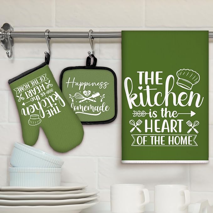 Sratte 6 Pcs Kitchen Decor Accessories Set, Kitchen, Avocado Green | Farmhouse Kitchen Towels Pot Holders Oven Mitts Set 2 Dish Towels 2 Potholders 2 Cooking Mittens for Baking Cooking Supply