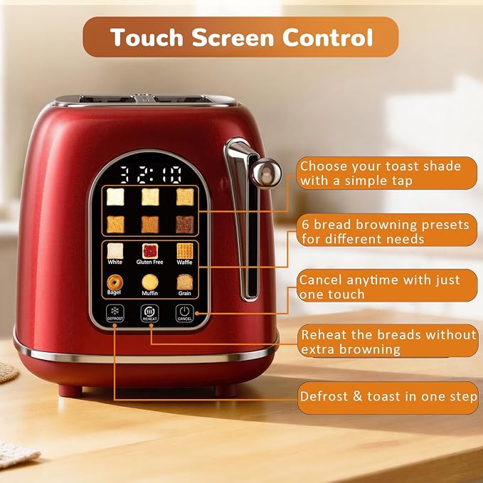 Mecity Toaster 2 Slice, Touch Screen Wide Slot Retro Toaster For Breads Bagel Muffin Waffle, House Warming Gift New Home, 120V 825W, Red Pearl