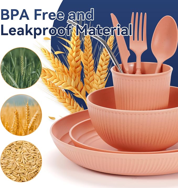 Wheat Straw Dinnerware Sets,64-Piece Plates and Bowls Sets for 8-Unbreakable,Reusable Plastic Dish Set-Dinner Plate/Dessert Plate/Cereal Bowl/Cup/Utensils-Microwavable Dishwasher Safe 64P-Deep Gray