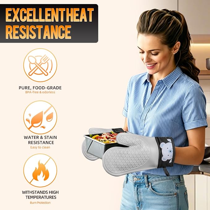 Silicone Oven Mitts Heat Resistant 500F, 2PCS Cute Bear Pattern Kitchen Oven Gloves with Cotton Lining, BPA-Free Baking Gloves - Flexible Non-Slip Grip Kitchen Mitts for Cooking Baking BBQ