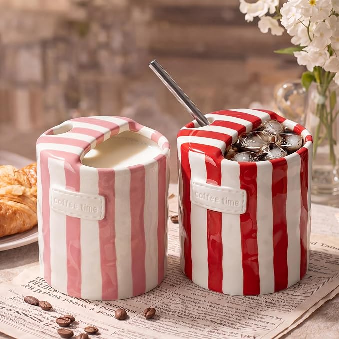 2 Pack Ceramic Mug with Sip Hole, Simple, Red, Pink | 10oz Ceramic Coffee Cup with Straws, Retro Hand Painted Striped, for Iced Coffee Tea Latte Espresso, Kitchen Dining Travel
