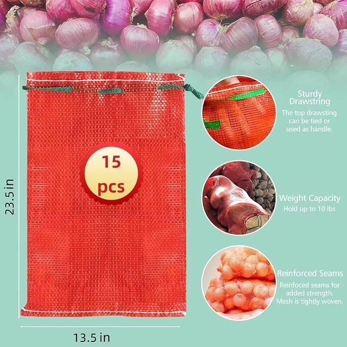 20 lb Mesh Onion Bags, 13.5"×23.5" Mesh Produce Bags Hanging Reusable Breathable Vegetable Storage Net Bags with Drawstring for Onions Potatoes Citrus Crawfish (Pack of 15)