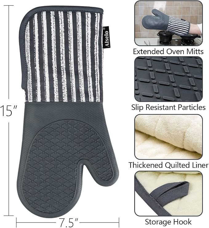 Alselo Silicone Oven Mitts Heat Resistant 932℉ with Waterproof & Non-Slip | Kitchen Mittens Set of 2,Extra Long 7.5"x15" Oven Gloves with Soft Cotton Terry Lining for Baking Cooking BBQ(Grey,2)