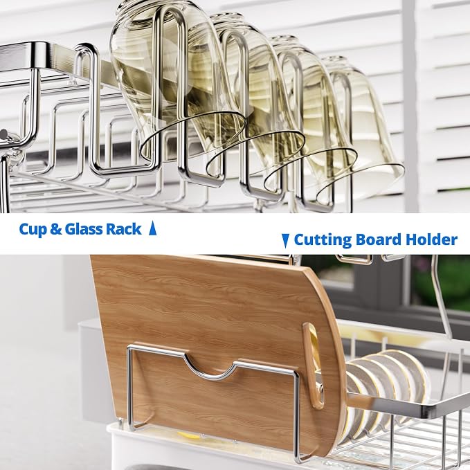 2-Tier Dish Drying Rack - 304 Stainless Steel Dish Rack Auto Drain | Dish Racks for Kitchen Counter, Dish Drainer with Knife Fork & Cup Rack, Gifts for Women, Mothers Day, Kitchen Gadget, Silver