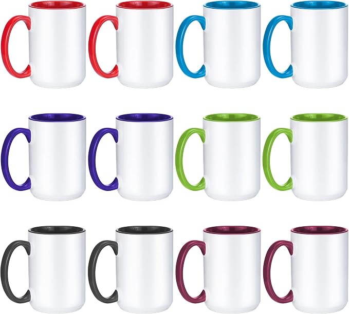 TANGLONG 15oz Sublimation coffee Mugs-6 Assorted Colors Magic cupSet of 12 | Ceramic Cup,Tazas Magicas Para Sublimacion Set,Heat Sensitive Coffee Mugs for Milk, Hot Cocoa,homemade gifts