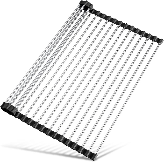Tomorotec Roll Up Dish Drying Rack Over Sink, 304 Steel, 21x15.5, Black | Anti-Slip Silicone Rims For Grip, Heat-Resistant Trivet Mat Holding Heavy Cookware, Rustproof Kitchen Counter Space Saver