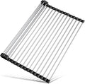 Tomorotec Roll Up Dish Drying Rack Over Sink, 304 Steel, 21x15.5, Black | Anti-Slip Silicone Rims For Grip, Heat-Resistant Trivet Mat Holding Heavy Cookware, Rustproof Kitchen Counter Space Saver