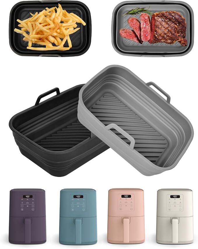 Air Fryer Silicone Liners Collapsible 2-Pack for bella Slim 4Qt(3.3lb) | Reusable Airfryer Silicone Pot Baking Basket Insert Accessories, Non Stick, Easy Cleaning, Gray+Black