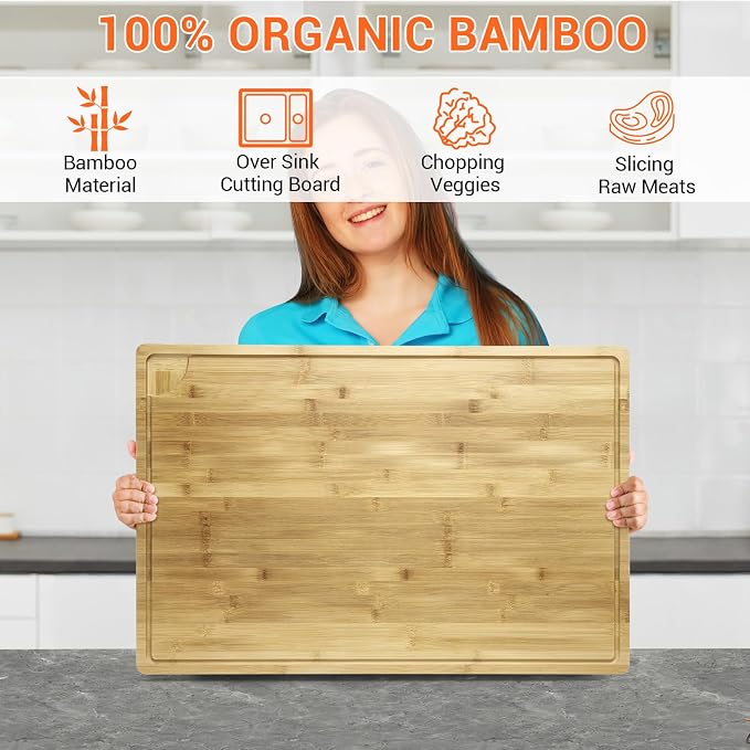 30 Inch Extra Large Bamboo Cutting Board for Kitchen, Stove Top Cover Wood Chopping Board with Handle and Juice Groove, Noodle Board, Meat Carving, and Charcuterie Board, 30 x 20 Inch