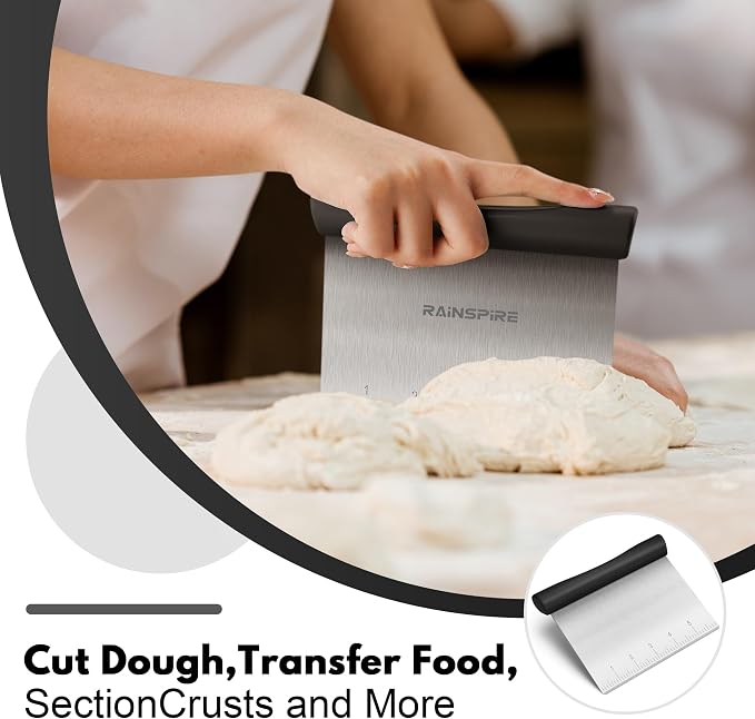 Rainspire Bench Scraper, Stainless Steel Dough Scraper, Pastry Scraper, Pizza and Dough Cutter Multi-Purpose Scraper/Chopper, Pizza Cutter Food Chopper Baking Supplies Kitchen Gadgets, Black | Dishwasher Safe Measurement Marks Non-slip Comfortable Hand...