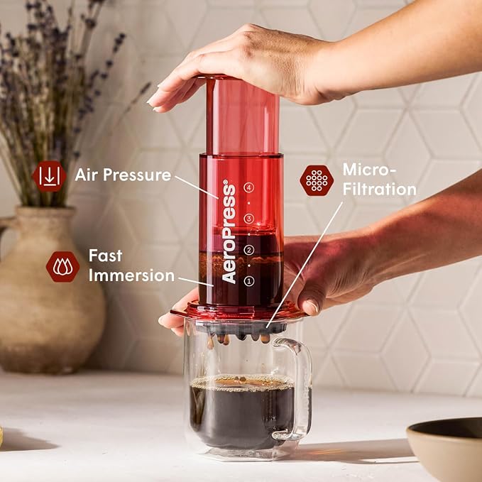 AeroPress Clear Red Coffee Press, French Press, Pour-Over & Espresso Style | All-in-One Manual Coffee Maker, 2-Minute Brew, Less Bitterness, More Flavor, Portable, Travel & Camping