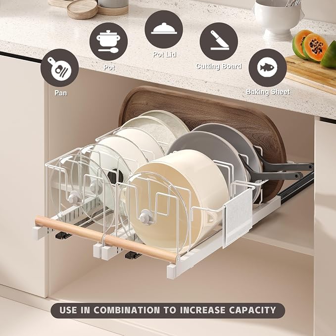 Magheo 2 Pack Pull Out Pots and Pans Organizer Under Cabinet, 22" Deep Expandable Pot Lid Organizer and Storage with 10 Adjustable Dividers Adhesive Pot and Pan Holder Rack with Handle Bracket(White)