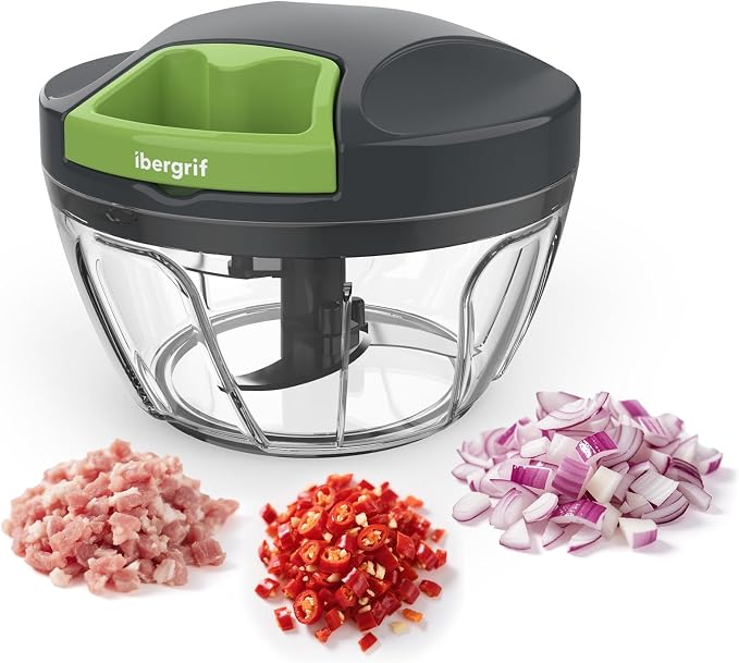 Ibergrif Manual Food Processor Vegetable Chopper, Portable Onion Chopper Garlic Mincer with Hand Pull String Cutter for for Veggies, Ginger, Fruits, Nuts, Herbs, 500ml, for Kitchen, Camping, RV, M501 | BPA-free onion cutter for onions, garlic, fruit an...