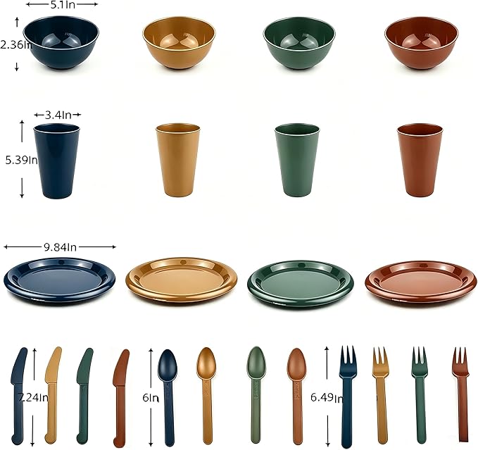 Plastic Plates and Bowls Sets Dinnerware Set Dishes Set for 4,College Dorm Room Essentials,Camping Plates and Bowls with Tumbler,Knives,Forks and Spoons,Mess Kit,Microwave Safe,BPA Free-Multicolor