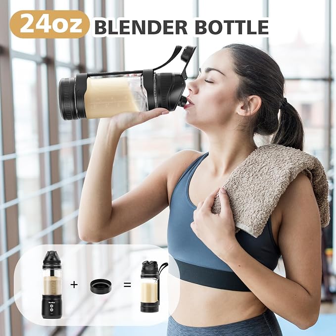 Portable Blender Personal Juicer for Shakes Smoothies with Travel Lid | 24 Oz Electric Protein Shaker Bottle, USB-C Rechargeable, Mini Small Cordless Blender Cup for Kitchen Travel Gym
