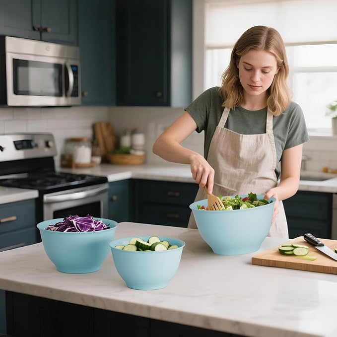 TP Melamine Mixing Bowl Set with Lids, Salad Bowl Set of 3, Glossy Teal | Nesting Design,Break-resistant,Pasta & Salad Prep, Baking Prep, Space-saving Storage, Freezer Safe, Dishwasher Safe