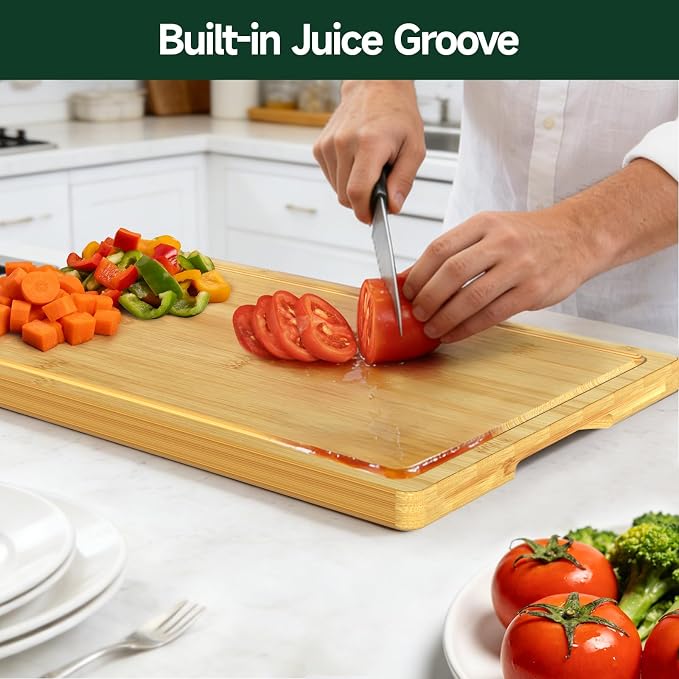 3-Piece Set Deep-Carbonized Bamboo Cutting Board for Kitchen, Natural | Crack-Resistant Wood Chopping Boards with Deep Juice Grooves, Pre-Oiled Butcher Block for Meat, Vegetables & Cheese