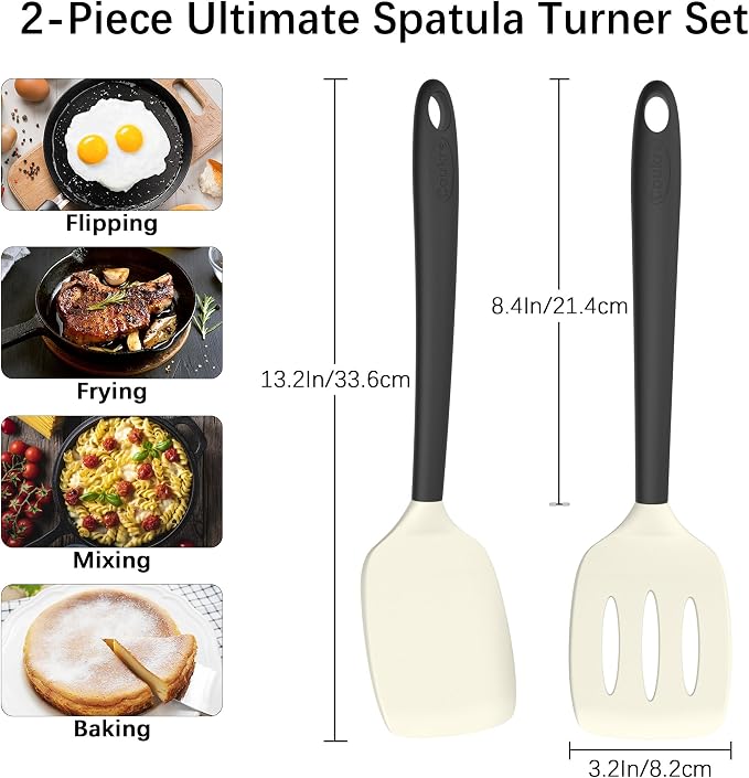Coukre 2 Pack Silicone Spatula Set,High Heat Resistant, BPA-Free | Dishwasher Safe Kitchen Spatula for Nonstick Pans, Solid & Slotted Turners for Cooking, Sautéing, and Flipping, BeigeBlack