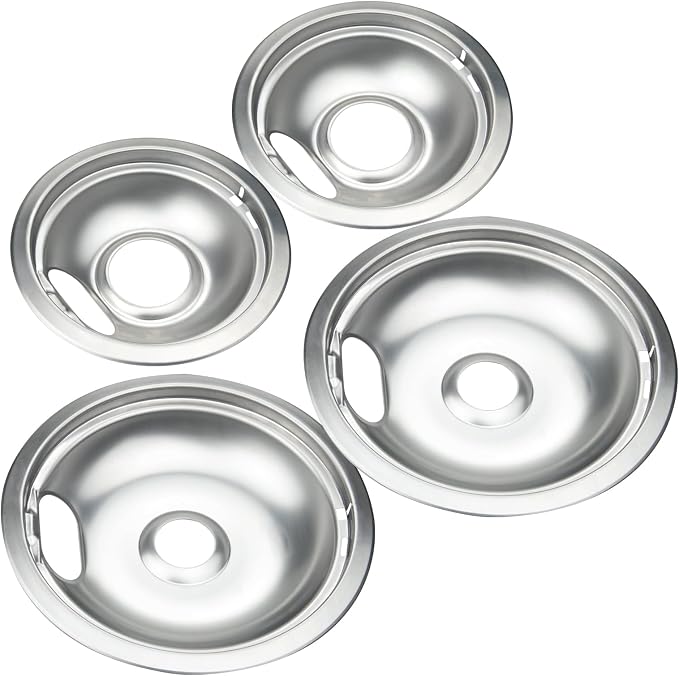 Chrome Steel Stove Drip Pans for Whirlpool Maytag Kenmore 4-Pack | Includes 2 x 6" and 2 x 8" chrome steel drip pans replacing W10196405, W10196406 and W10278125