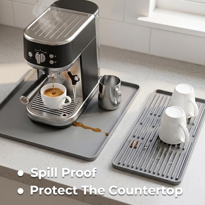 16×16-inch Barista-Grade Coffee Station Mat: Catch Spills, Protect Countertops! Silicone, Water Resistant & Heat Resistant. Perfect Under, as Dish Dryer or Pet Mat. (Grey)