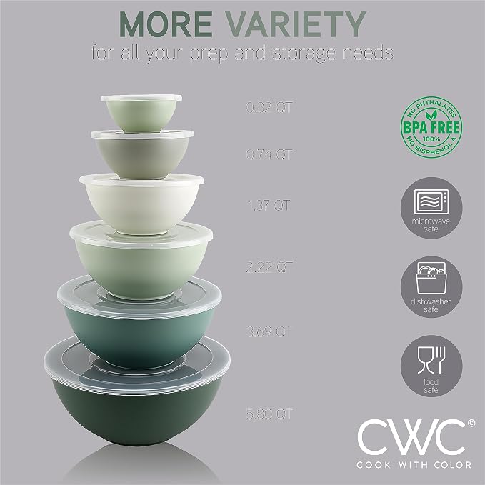 COOK WITH COLOR Mixing Bowls with Lids - 12 Piece Plastic Nesting Bowls Set includes 6 Prep Bowls and 6 Lids, Microwave Safe Mixing Bowl Set, Sage