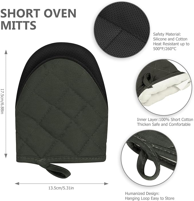 Goldmeet Mini Oven Mitts 2-Pack, 7"x5.5", 500°F Silicone Grip, Black | Non-Slip, Heat Resistant, Machine Washable, Hanging Loop, Fits Small Hands, for Baking Grilling BBQ Cooking