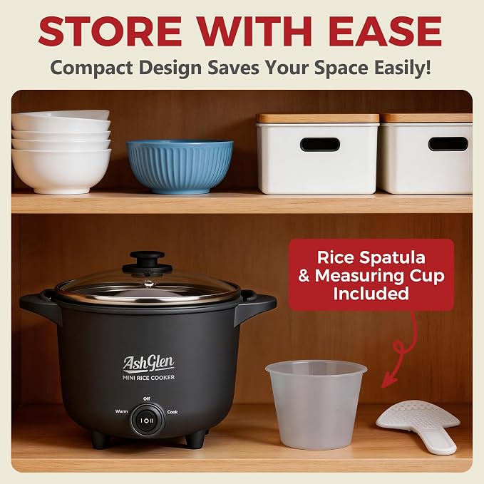 AshGlen Small Rice Cooker 2-Cup uncooked/ 4-Cup Cooked, Mini Hot Pot Electric, Mini Electric Pot, Ceramic Rice Cooker, Small Rice Steamer, Noodle & Oatmeal Cooker, Dual Modes, Single Serve, Graphite