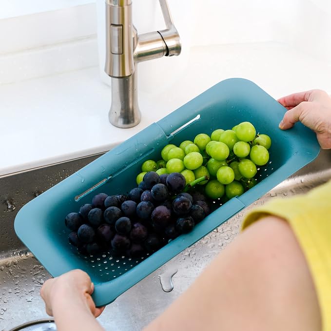 Blue Ginkgo Over Sink Colander, Extendable Kitchen Strainer, 2-Pack, Teal | Fits Most Sinks. Rinse, Drain and Dry with Ease.
