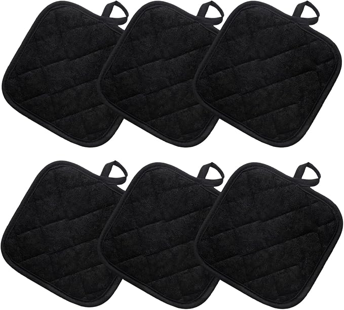 6pcs Pot Holders for Kitchen, Cotton Kitchen Hot Pads, Heat Resistant Oven Mitts and Pot Holders Sets (Black,6)