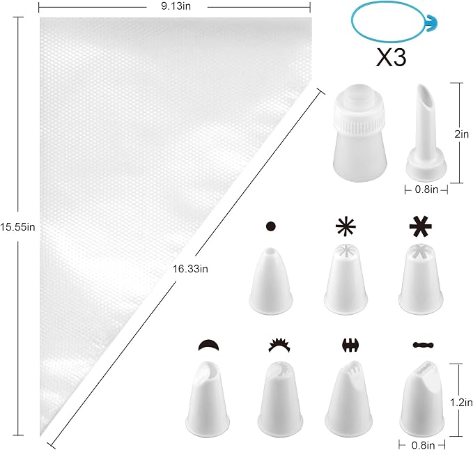 Pastry Bag - 100 Pieces 16 Inch [Extra Thick] Disposable Piping Bags Set with 8 decorating tips, 1 coupler and 3 Bag Ties for Cake Decorating Royal Frosting